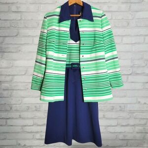 Vintage 2-piece dress‎ jacket retro sporty navy green stripe sz 16 Jerrie Lurie